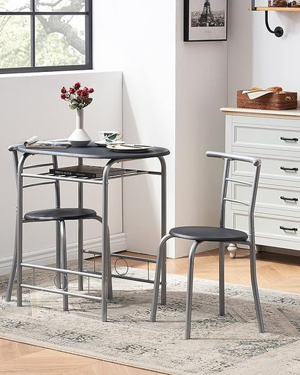 VECELO 3 Piece Small Round Dining Table Set for Kitchen Breakfast Nook, Wood Grain Tabletop with Wine Storage Rack, Save Space, 31.5 Inch, Black and Silver - LeafyLoom
