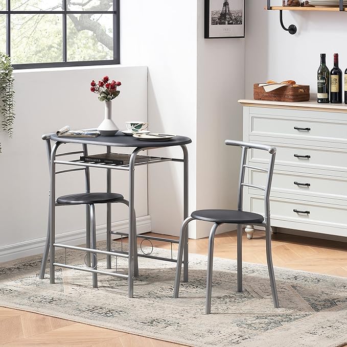 VECELO 3 Piece Small Round Dining Table Set for Kitchen Breakfast Nook, Wood Grain Tabletop with Wine Storage Rack, Save Space, 31.5 Inch, Black and Silver - LeafyLoom