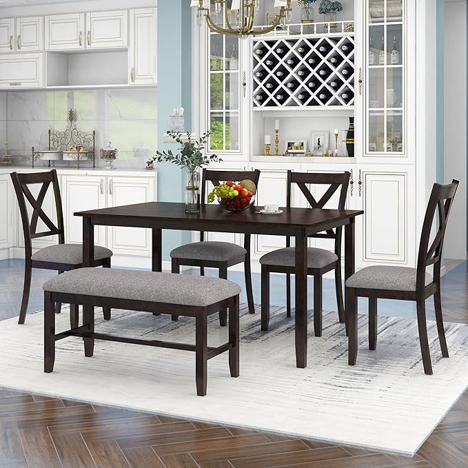 6-Piece Wooden Rectangular Dining Table Set with Bench and 4 Upholstered Chairs for Kitchen Living Room, Farmhouse Rustic Style, Espresso, 60''L x 36''W x 30''H - LeafyLoom
