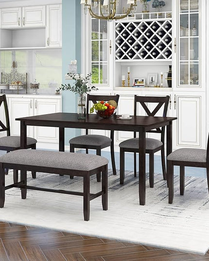 Farmhouse 6-Piece Wood Rectangular Dining Table Set with Bench and 4 Upholstered Chairs for Kitchen, Breakfast Nook, Living Room, Espresso, 60" L x 36" W x 30" H - LeafyLoom