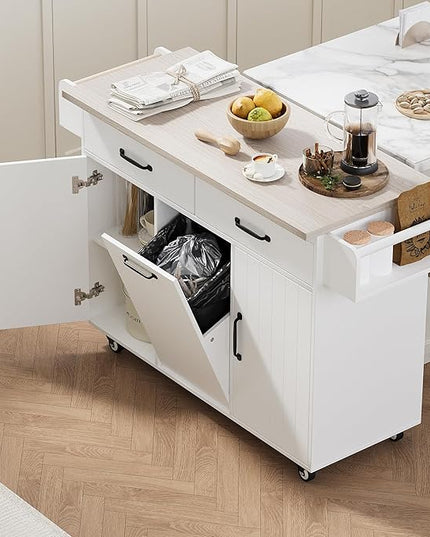 51.06 Inch Rolling Kitchen Cart with Trash Can Storage Cabinet & Drop Leaf, Portable Mobile Islands Table w/Adjustable Shelf, Spice, Towel Rack and Drawers, for Dining Room, White - LeafyLoom