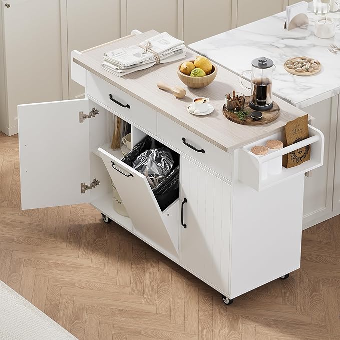 51.06 Inch Rolling Kitchen Cart with Trash Can Storage Cabinet & Drop Leaf, Portable Mobile Islands Table w/Adjustable Shelf, Spice, Towel Rack and Drawers, for Dining Room, White - LeafyLoom