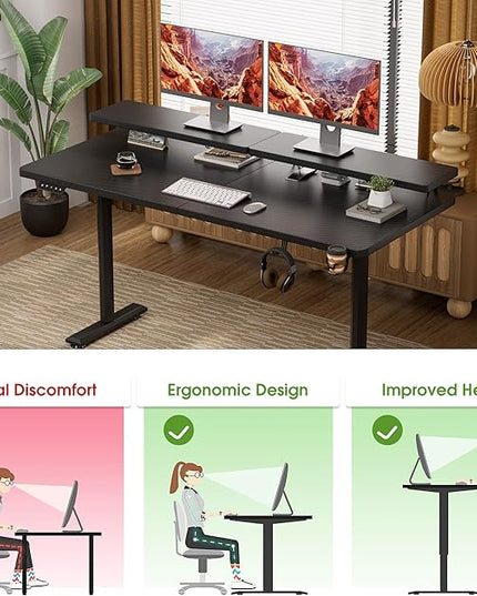 Electric Standing Desk with Monitor Shelf, 55 x 24 Inches Height Adjustable Corner Table, Computer Workstation with Cup Holder and Hook for Home Office, 55 x 24 Inch, Dark Black - LeafyLoom