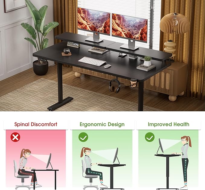 Electric Standing Desk with Monitor Shelf, 55 x 24 Inches Height Adjustable Corner Table, Computer Workstation with Cup Holder and Hook for Home Office, Black, 55x24 Inch - LeafyLoom