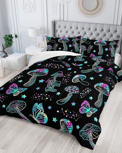 Colorful Mushroom Comforter Set Twin Size Kids Mushroom Butterfly Bedding Set Star Quilt Bed Set for Boys Girls Adults with 1 Comforter and 2 Pillowcases - LeafyLoom