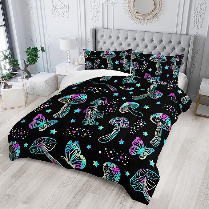 Colorful Mushroom Comforter Set Twin Size Kids Mushroom Butterfly Bedding Set Star Quilt Bed Set for Boys Girls Adults with 1 Comforter and 2 Pillowcases - LeafyLoom