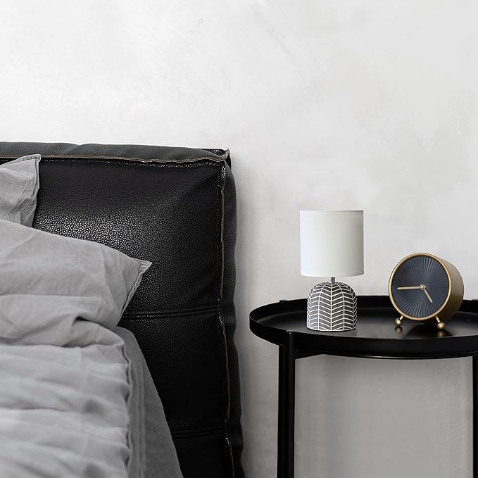 Simple Designs LT1137-GRY 10.43" Petite Contemporary Webbed Waves Base Bedside Table Desk Lamp w White Fabric Drum Shade for Home Decor, Bedroom, Living Room, Entryway, Office, Gray - LeafyLoom