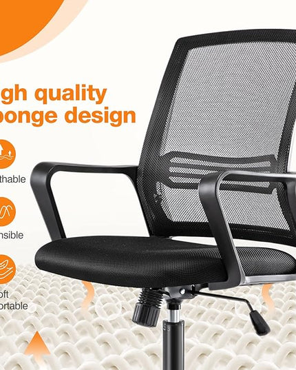 Home Office Chair, Mesh Mid High Back Ergonomic Computer Executive Task Desk with Lumbar Support, Armrest, Rocking Swivel Tilt Function, Wheels, Sponge Seat Cushions for Adult Black - LeafyLoom