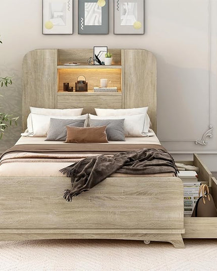 Merax Twin Size Bed Frame with Headboard and 2 Drawers,Kids Wood Platform Bed with Storage Underneath and Functional Headboard - LeafyLoom