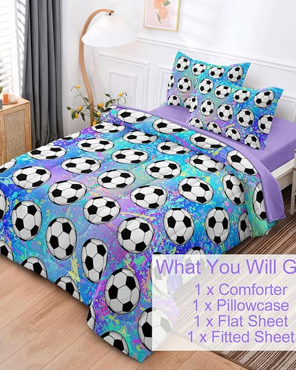 4 Piece Girls Soccer Bedding Set Twin Size Colorful Soccer Comforter Set for Teen Girls Kids Twin Bed in a Bag Set with Sheets Twin Bed Sets for Teenage - LeafyLoom