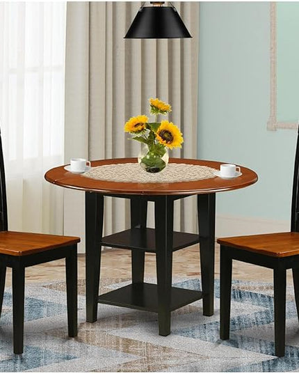East West Furniture SUAN3-BCH-W 3 Piece Dining Room Table Set Contains a Round Dining Table with Dropleaf & Shelves and 2 Wood Seat Chairs, 42x42 Inch, Black & Cherry - LeafyLoom