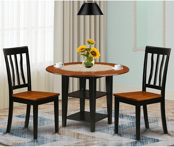 East West Furniture SUAN3-BCH-W 3 Piece Dining Room Table Set Contains a Round Dining Table with Dropleaf & Shelves and 2 Wood Seat Chairs, 42x42 Inch, Black & Cherry - LeafyLoom