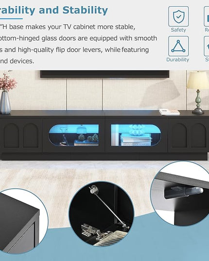 Merax TV Stand for Televisions Up to 95'', Functional Media Console with APP-Controlled Smart LED Light, Arched Cabinet Doors and Fluted Glass Doors, Entertainment Center, for Living Room, Black - LeafyLoom