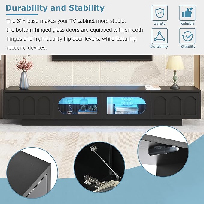 Merax TV Stand for Televisions Up to 95'', Functional Media Console with APP-Controlled Smart LED Light, Arched Cabinet Doors and Fluted Glass Doors, Entertainment Center, for Living Room, Black - LeafyLoom
