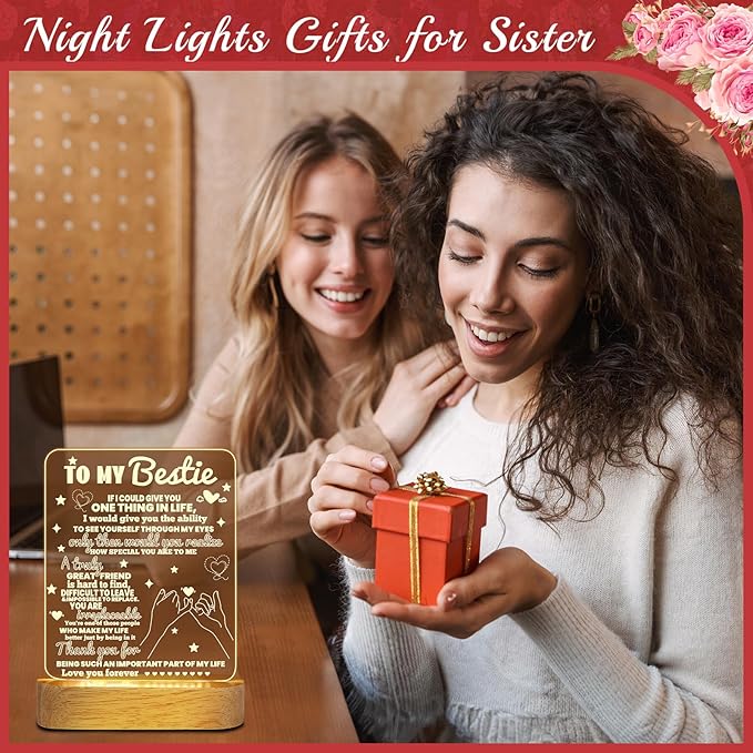 Linkax Bestie Gifts, Birthday Gifts for Women Teen Girls, 3D Illusion Lamp I Love You Friend Night Light for Best Friend Sister Girl Women BFF Holiday Friendship, Soft Warm White LED Wooden Table Lamp - LeafyLoom