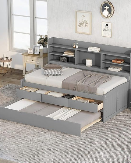 Twin Size Captain Bed with 3 Storage Drawers and Trundle, Wood Twin Bed Frame with Built-in Bookshelves for Kids Teens Adults, Light Gray - LeafyLoom