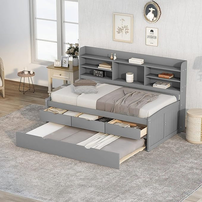 Twin Size Captain Bed with 3 Storage Drawers and Trundle, Wood Twin Bed Frame with Built-in Bookshelves for Kids Teens Adults, Light Gray - LeafyLoom