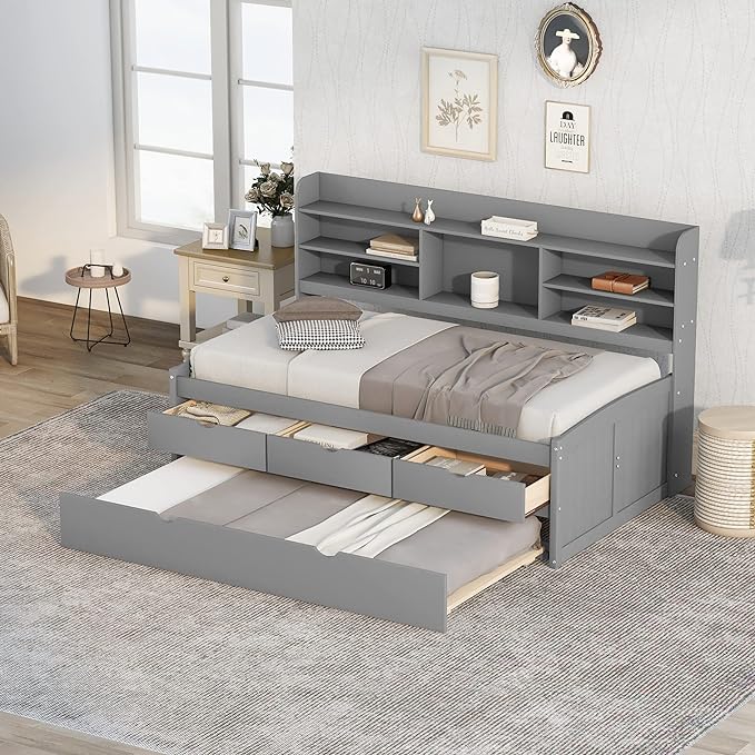 Twin Size Captain Bed with 3 Storage Drawers and Trundle, Wood Twin Bed Frame with Built-in Bookshelves for Kids Teens Adults, Light Gray - LeafyLoom