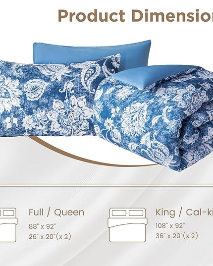 Sophia & William Queen Size Comforter Set for All Season, 3 Pcs Bedding Set with Antique Blue Printed Comforter with & 2 Pillowcases - LeafyLoom