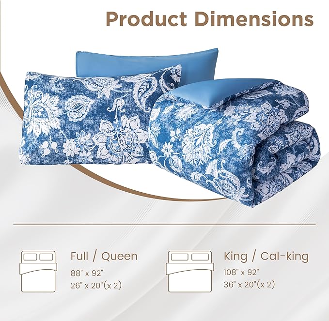 Sophia & William Queen Size Comforter Set for All Season, 3 Pcs Bedding Set with Antique Blue Printed Comforter with & 2 Pillowcases - LeafyLoom