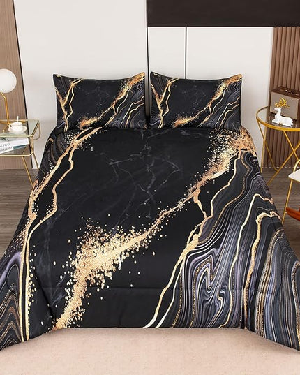 Tailor Shop Marble Bedding Set Soft Microfiber Black and Gold Comforter Set Twin Size for Kids Men and Women with 1 Marble Comforter and 1 Pillowcase - LeafyLoom