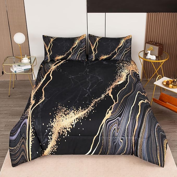 Tailor Shop Marble Bedding Set Soft Microfiber Black and Gold Comforter Set Twin Size for Kids Men and Women with 1 Marble Comforter and 1 Pillowcase - LeafyLoom