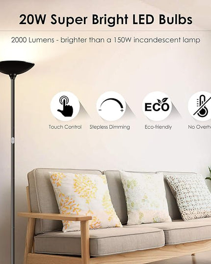 Floor Lamp, Standing Lamp, 20W 2000LM LED Torchiere Floor Lamp, Stepless Dimmable, Touch Control, 3000K Daylight, 50000hrs Lifespan, Floor Lamps for Living Room, Standing Lamps for Bedroom, Office - LeafyLoom