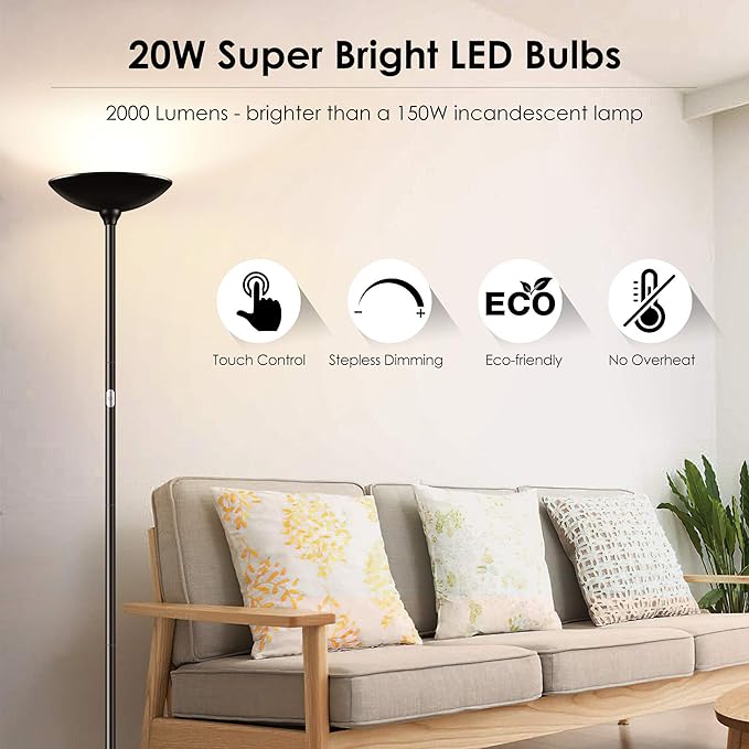 Floor Lamp, Standing Lamp, 20W 2000LM LED Torchiere Floor Lamp, Stepless Dimmable, Touch Control, 3000K Daylight, 50000hrs Lifespan, Floor Lamps for Living Room, Standing Lamps for Bedroom, Office - LeafyLoom