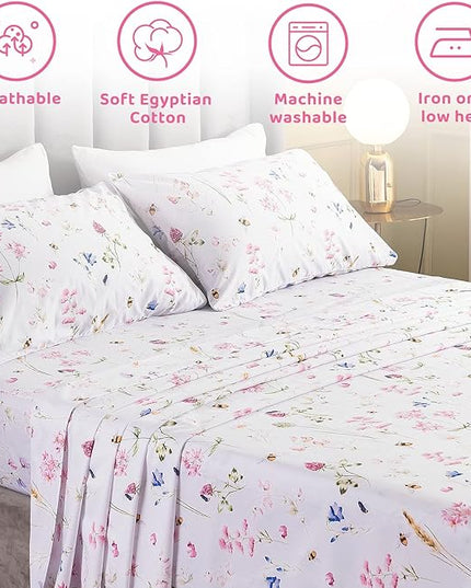 QSH Floral Bed Sheets Set King Size - Shabby Flower Bee Print Bed Sheet Set - Extra Soft and Breathable 100% Egyptian Cotton - 4 pcs King Size Sheets with Deep Pockets Flower Bed Sheets - LeafyLoom