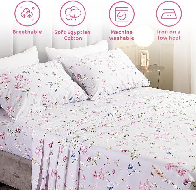 QSH Floral Bed Sheets Set Queen Size - Shabby Flower Bee Print Bed Sheet Set - Extra Soft and Breathable 100% Egyptian Cotton - 4 pcs Deep Pockets Flower Bed Sheets Queen Size Sets - LeafyLoom