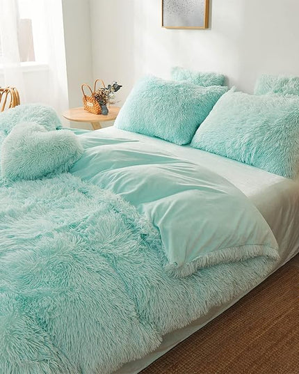 FOPPA Green Comforter Cover Set - Ultra Soft Plush Bedding Sets 3 Pieces (1 Faux Fur Duvet Cover + 2 Faux Fur Pillow case) Green Bed Set(Mint Green, Queen) - LeafyLoom