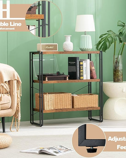 HCHQHS Bookshelf, 3-Tier Industrial Bookcase, Rustic Open Book Shelf, Freestanding Horizontal Bookshelves with Metal Frame - LeafyLoom