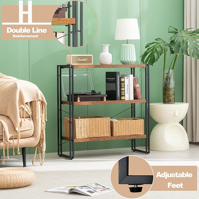 HCHQHS Bookshelf, 3-Tier Industrial Bookcase, Rustic Open Book Shelf, Freestanding Horizontal Bookshelves with Metal Frame - LeafyLoom