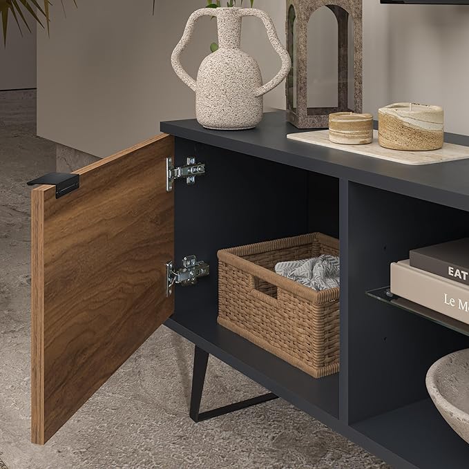 Atelier Mobili Mid Century Modern TV Stand | Farmhouse Entertainment Center for Living Room | TV Stand for 75 Inch TV | Gray TV Stand | Walnut TV Stand for Living Room 75 inch TV | Adjustable Shelf - LeafyLoom
