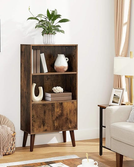 VASAGLE Bookcase, 2-Tier Retro Bookshelf with Doors, Storage Cabinet for Books, Photos, Decorations in Living Room, Office, Study, Mid-Century Style, Rustic Brown ULBC09BX - LeafyLoom