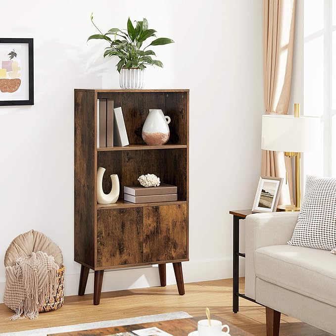 VASAGLE Bookcase, 2-Tier Retro Bookshelf with Doors, Storage Cabinet for Books, Photos, Decorations in Living Room, Office, Study, Mid-Century Style, Rustic Brown ULBC09BX - LeafyLoom
