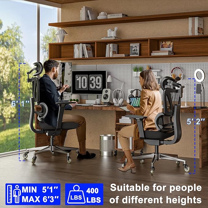 C19 Ergonomic Mesh Office Chair with Adjustable Height Lumbar Support，3D Armrest & Headrest，Tilt Function，Blade Wheel for High Back Desk Chair，Swivel Big and Tall Computer Chair (Black) - LeafyLoom
