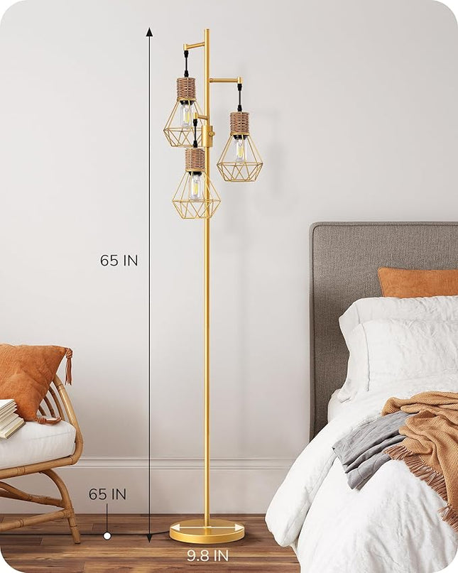 EDISHINE Dimmable Industrial Floor Lamp, Farmhouse Standing Lamp for Living Room with 3 LED Edison Bulbs, Diamond-Shaped Cage, Corner Rustic Rattan Reading Lamps for Bedroom, Office, Gold - LeafyLoom