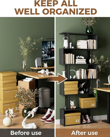 Gadroad 6 Tier Geometric Bookcase, Black Book Shelves, Modern Corner Bookcase Storage Shelf Wood for Bedroom, Living Room, Home Office, Black - LeafyLoom