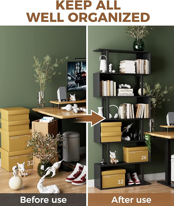 Gadroad 6 Tier Geometric Bookcase, Black Book Shelves, Modern Corner Bookcase Storage Shelf Wood for Bedroom, Living Room, Home Office, Black - LeafyLoom