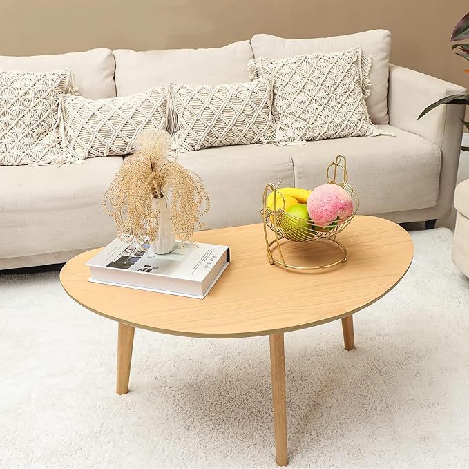 FIRMINANA Small Oval Coffee Table Mid Century Modern for Living Room Center Minimalist Display Coffe Table,Nature Wood,18.9" D x 33.47" W 15.75" H - LeafyLoom