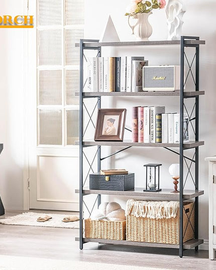 HCHQHS Bookshelf, 5-Tier Industrial Bookcase, Rustic Open Book Shelf, Freestanding Tall Bookshelves with Metal Frame - LeafyLoom