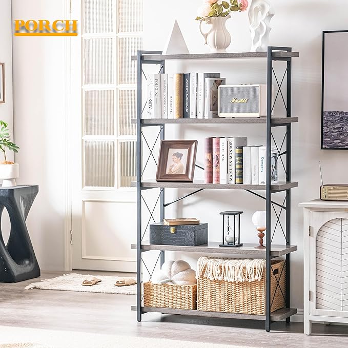 HCHQHS Bookshelf, 5-Tier Industrial Bookcase, Rustic Open Book Shelf, Freestanding Tall Bookshelves with Metal Frame - LeafyLoom