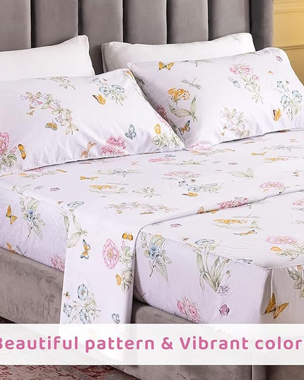 QSH Floral Queen Size Sheet Sets - Flower Butterfly Print Pattern Egyptian Cotton Printed Bedding Sheets Queen Size Bed Extra Soft and Breathable 4pcs Deep Pockets Bed Sheets - LeafyLoom