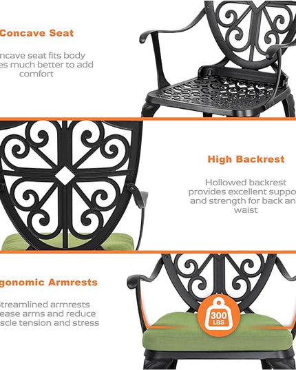 NUU GARDEN Bistro Set 3 Piece Outdoor, Cast Aluminum Patio Bistro Sets with Umbrella Hole and Green Cushions, Bistro Table and Chairs Set of 2 for Patio Backyard, Black - LeafyLoom
