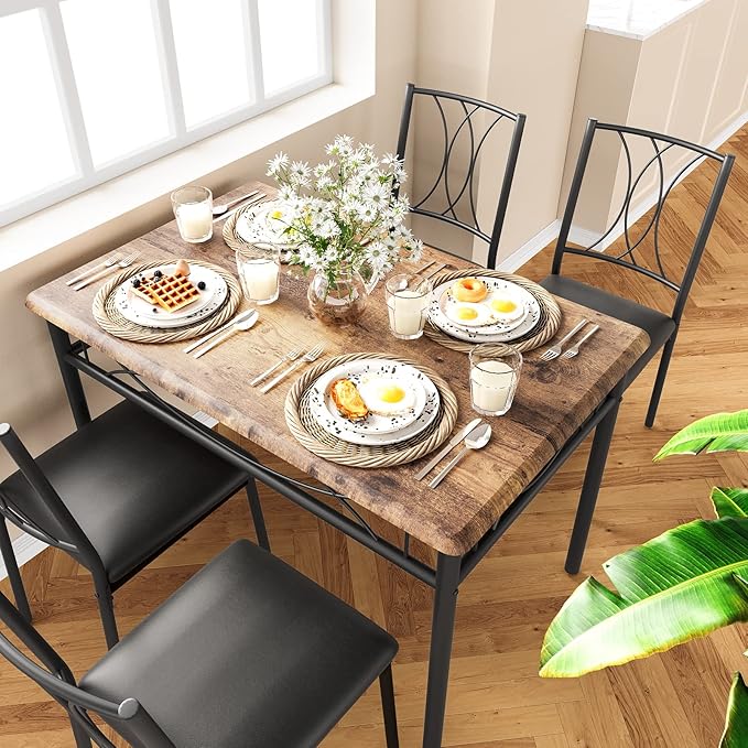 GAOMON Kitchen Table and Chairs for 4, Dining Table Set for 4, Dining Room Table Set with 4 Upholstered Chairs, Rectangular Kitchen Table Set for Small Space, Apartment, Studio, Rustic Brown - LeafyLoom