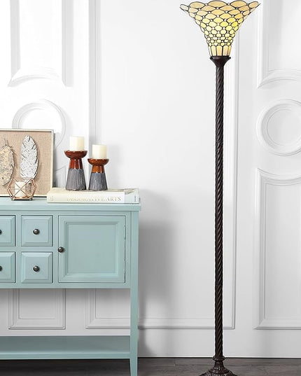 JONATHAN Y JYL8007A White Tiffany-Style 70" Torchiere LED Floor Lamp, Tiffany, Traditional, Art Nouveau Style, Office, Living Room, Family Room, Dining Room, Bedroom, Hallway, Foyer, Bronze - LeafyLoom