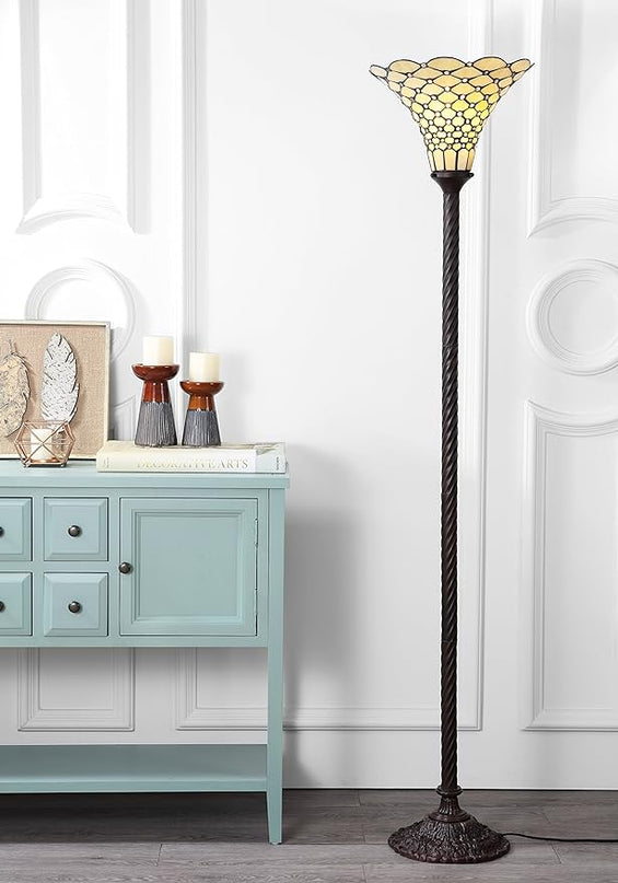 JONATHAN Y JYL8007A White Tiffany-Style 70" Torchiere LED Floor Lamp, Tiffany, Traditional, Art Nouveau Style, Office, Living Room, Family Room, Dining Room, Bedroom, Hallway, Foyer, Bronze - LeafyLoom