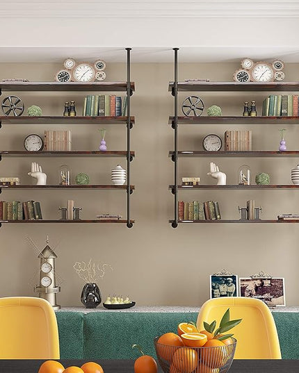 MUZIK Industrial Wall Mount Iron Pipe Shelf, DIY Open Farmhouse Bookshelf, Kitchen/Bathroom Floating Shelves, Pipe Shelves for Bedroom & Living Room (2 Pcs 5 Tier Hardware Only) - LeafyLoom