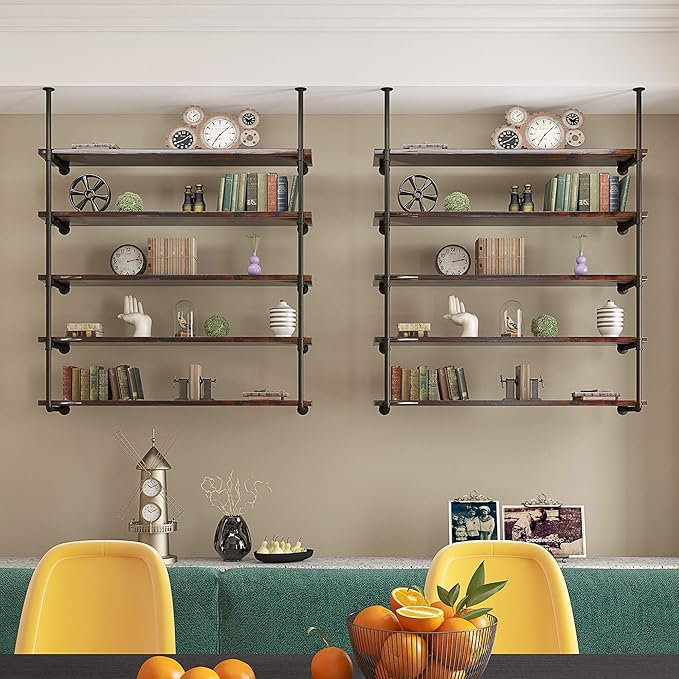 MUZIK Industrial Wall Mount Iron Pipe Shelf, DIY Open Farmhouse Bookshelf, Kitchen/Bathroom Floating Shelves, Pipe Shelves for Bedroom & Living Room (2 Pcs 5 Tier Hardware Only) - LeafyLoom